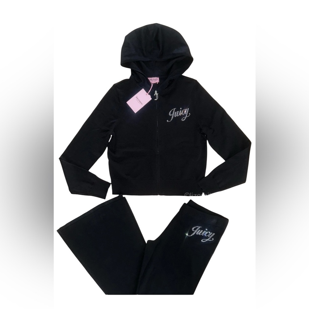 JUICY COUTURE Bling Logo Knit Tracksuit Hoodie & Pant Set Black Size XL NWT